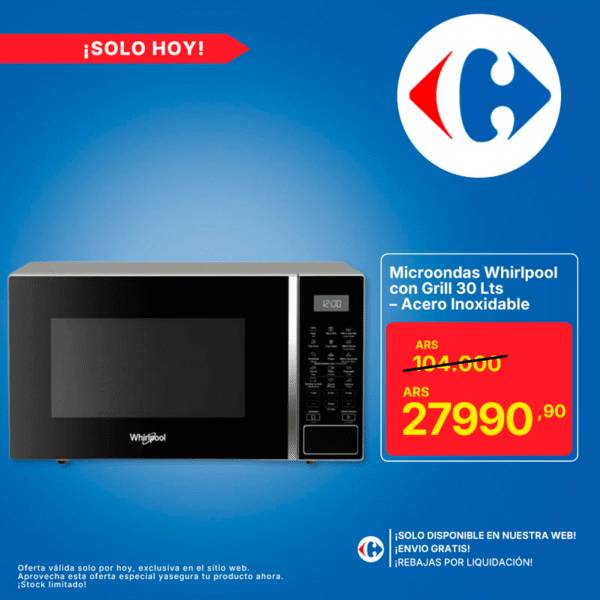 Microondas Whirlpool con Grill 30 L – Acero Inoxidable